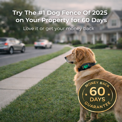 Dog standing on a grassy area with a road and houses in the background, promoting a dog fence offer.