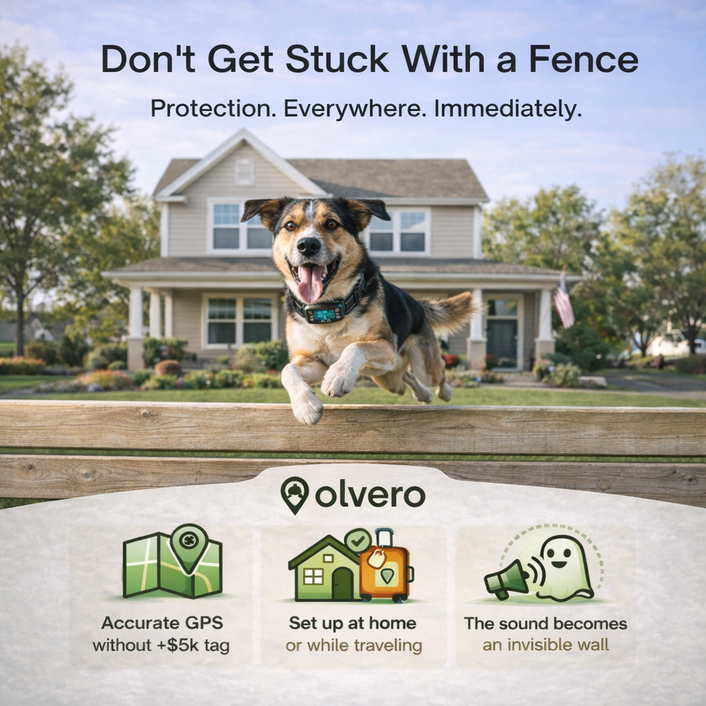 Dog jumping over a wooden fence with a house in the background, featuring Olvero product information.