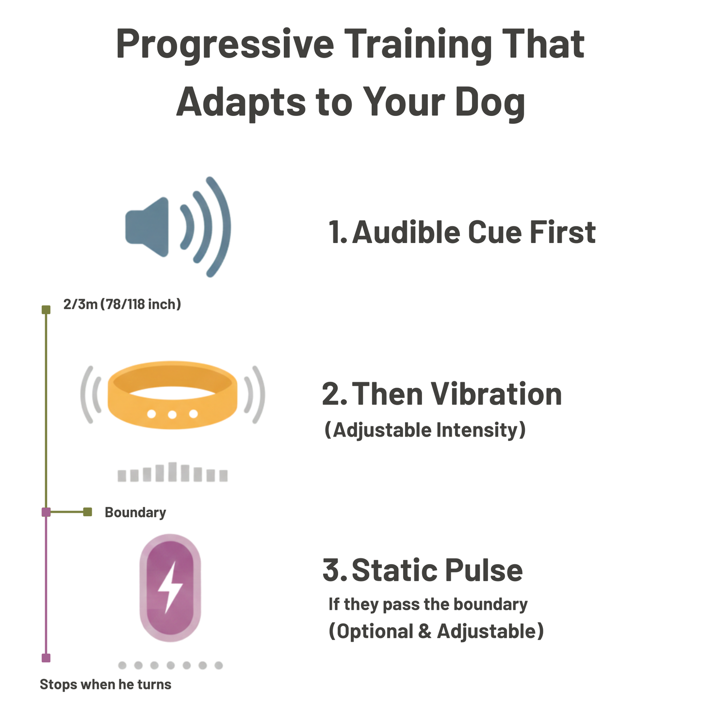Diagram of a dog training device with auditory, vibration, and static pulse components.